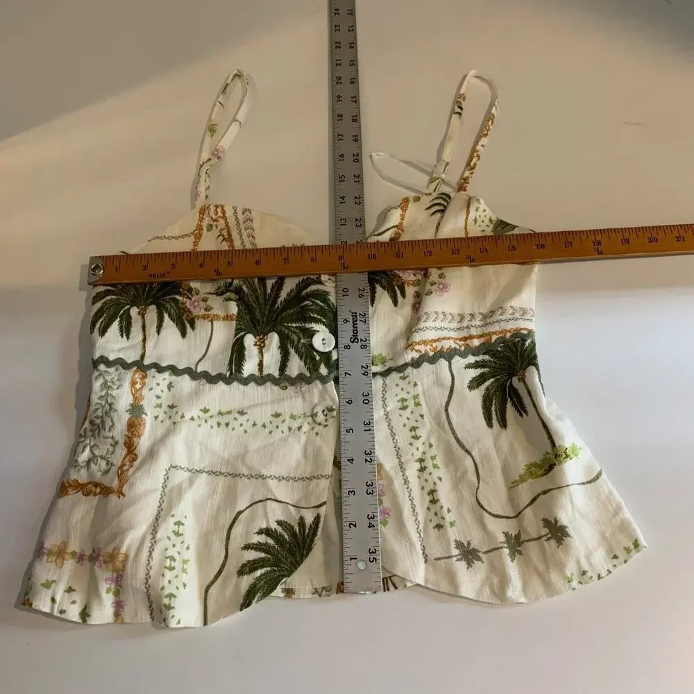 Paper Heart Top Womens M Medium Cream Linen Blend Sweetheart Neck Palm Tree